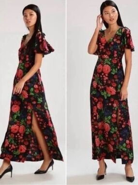 Club Monaco Black Maxi Dress with Red & Green Floral Print
